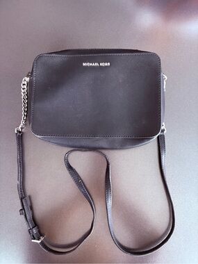 Michael Kors Black Leather Crossbody with Silver Chain